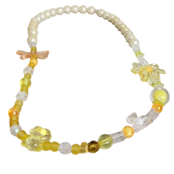 Faux Pearl Coquette Yellow Orange Bear Frosted Glass Clear Barrel Beads Necklace - Picture 1 of 9